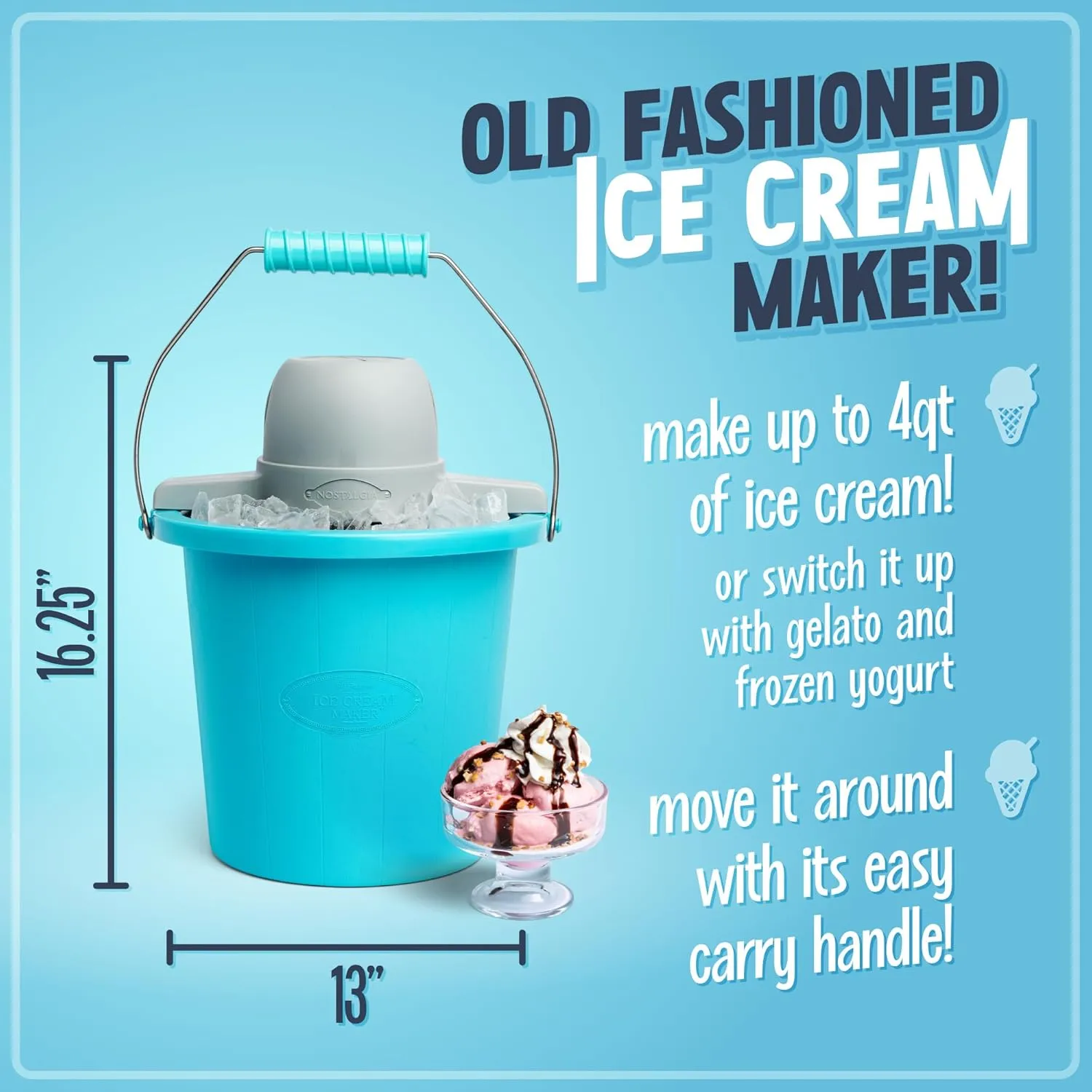 Nostalgia Electric Ice Cream Maker - Old Fashioned Soft Serve Ice Cream Machine Makes Frozen Yogurt or Gelato in Minutes - Fun Kitchen Appliance - Blue - 4 Quart