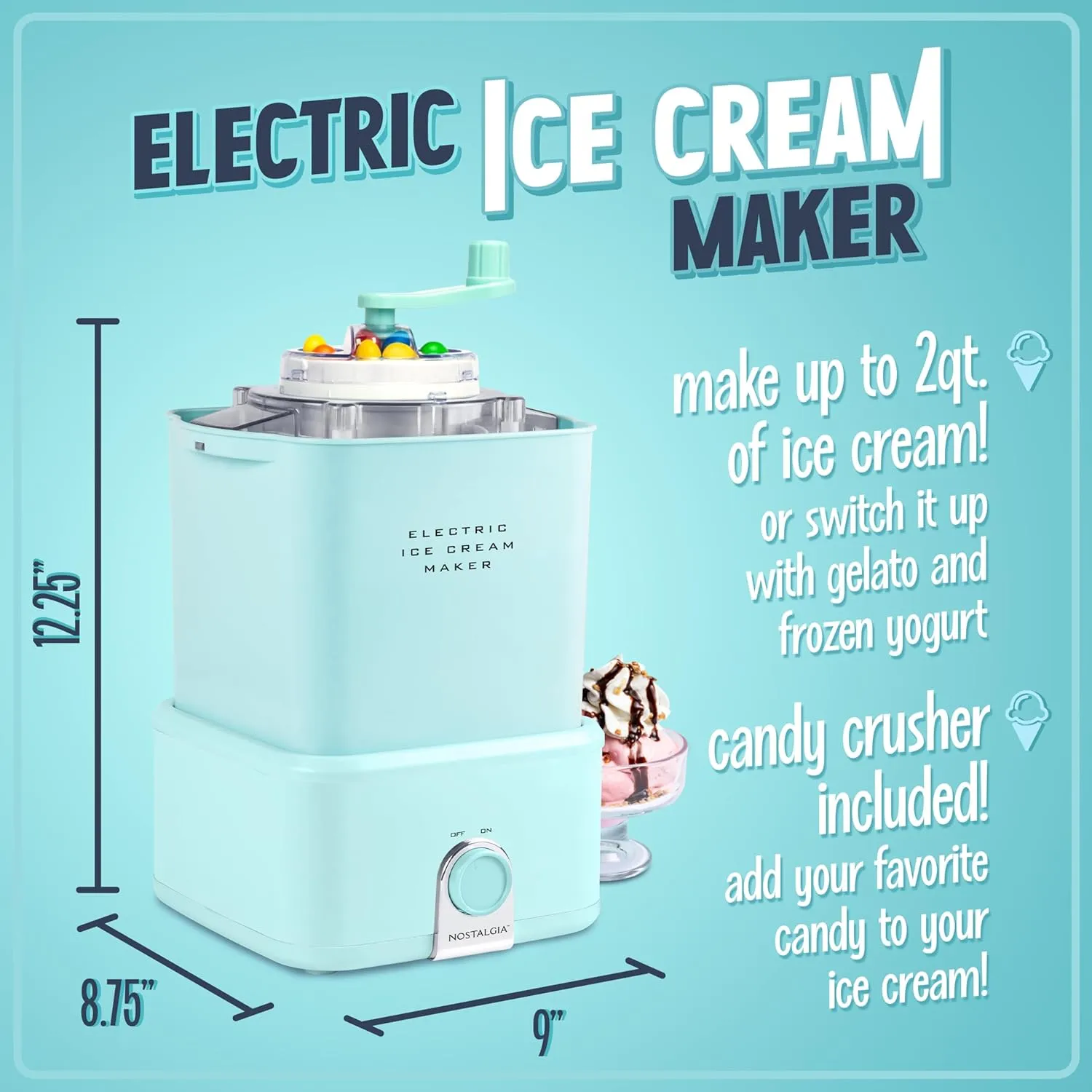 Nostalgia Electric Ice Cream Maker - Old Fashioned Soft Serve Ice Cream Machine Makes Frozen Yogurt or Gelato in Minutes - Fun Kitchen Appliance - Modern Style - Aqua - 2 Quart