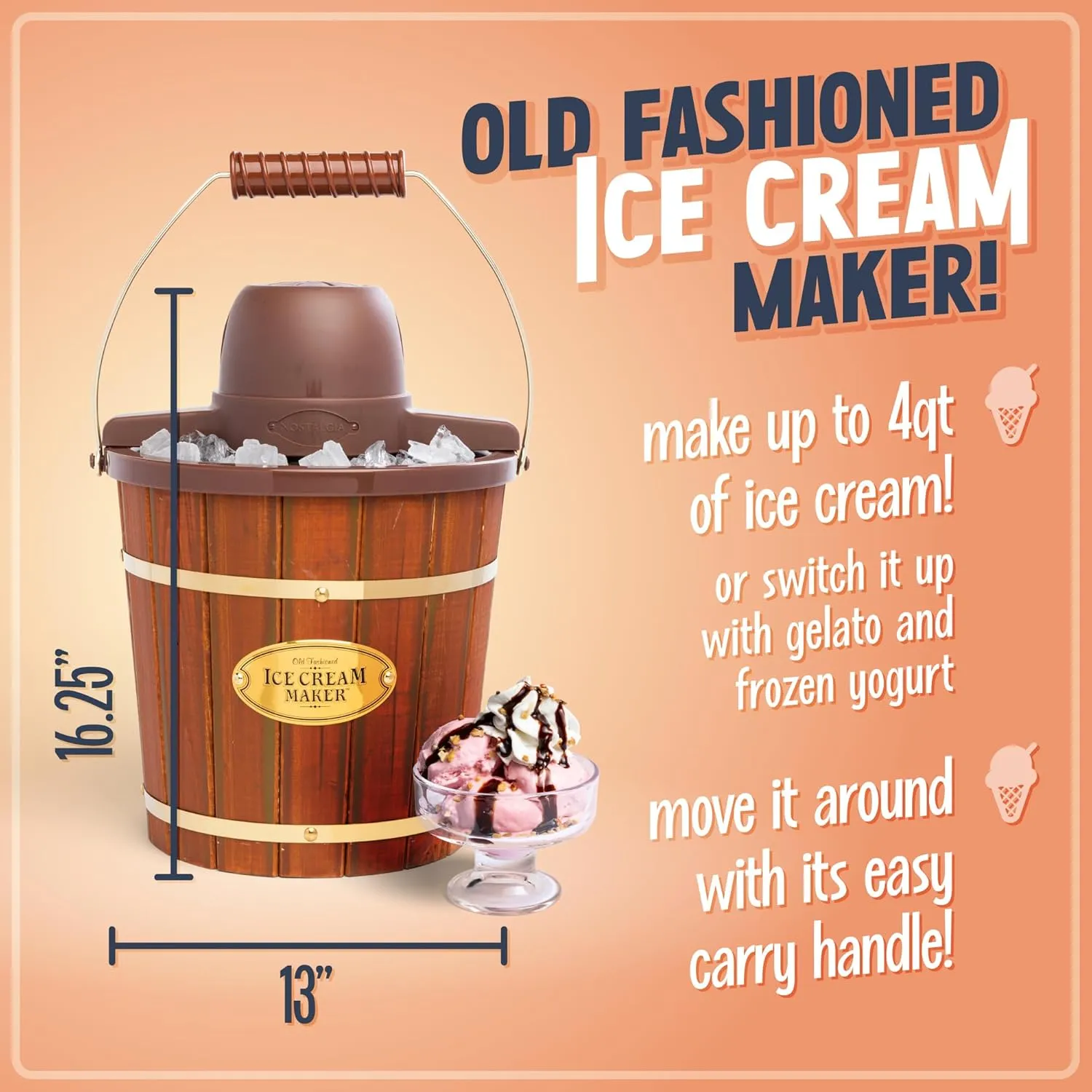 Nostalgia Electric Ice Cream Maker - Old Fashioned Soft Serve Ice Cream Machine Makes Frozen Yogurt or Gelato in Minutes - Fun Kitchen Appliance - Vintage Wooden Style - Dark Wood - 4 Quart