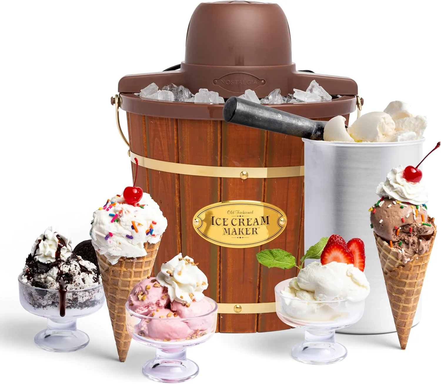 Nostalgia Electric Ice Cream Maker - Old Fashioned Soft Serve Ice Cream Machine Makes Frozen Yogurt or Gelato in Minutes - Fun Kitchen Appliance - Vintage Wooden Style - Dark Wood - 4 Quart