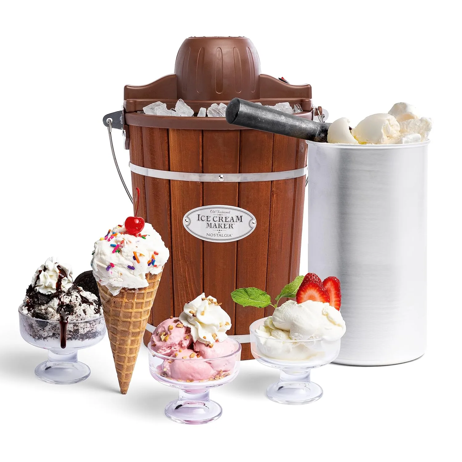 Nostalgia Electric Ice Cream Maker - Old Fashioned Soft Serve Ice Cream Machine Makes Frozen Yogurt or Gelato in Minutes - Fun Kitchen Appliance - Vintage Wooden Style - Dark Wood - 6 Quart and Nostalgia ice Cream Rock Salt, 4lb, Tub