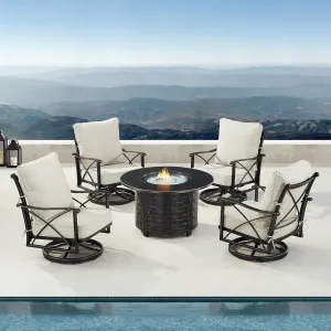 Oakland Living AHRI-4CH-RICO-LGCU-IB-AC Black Aluminum Patio Fire Table Set with Four Club Chairs, Antique Copper