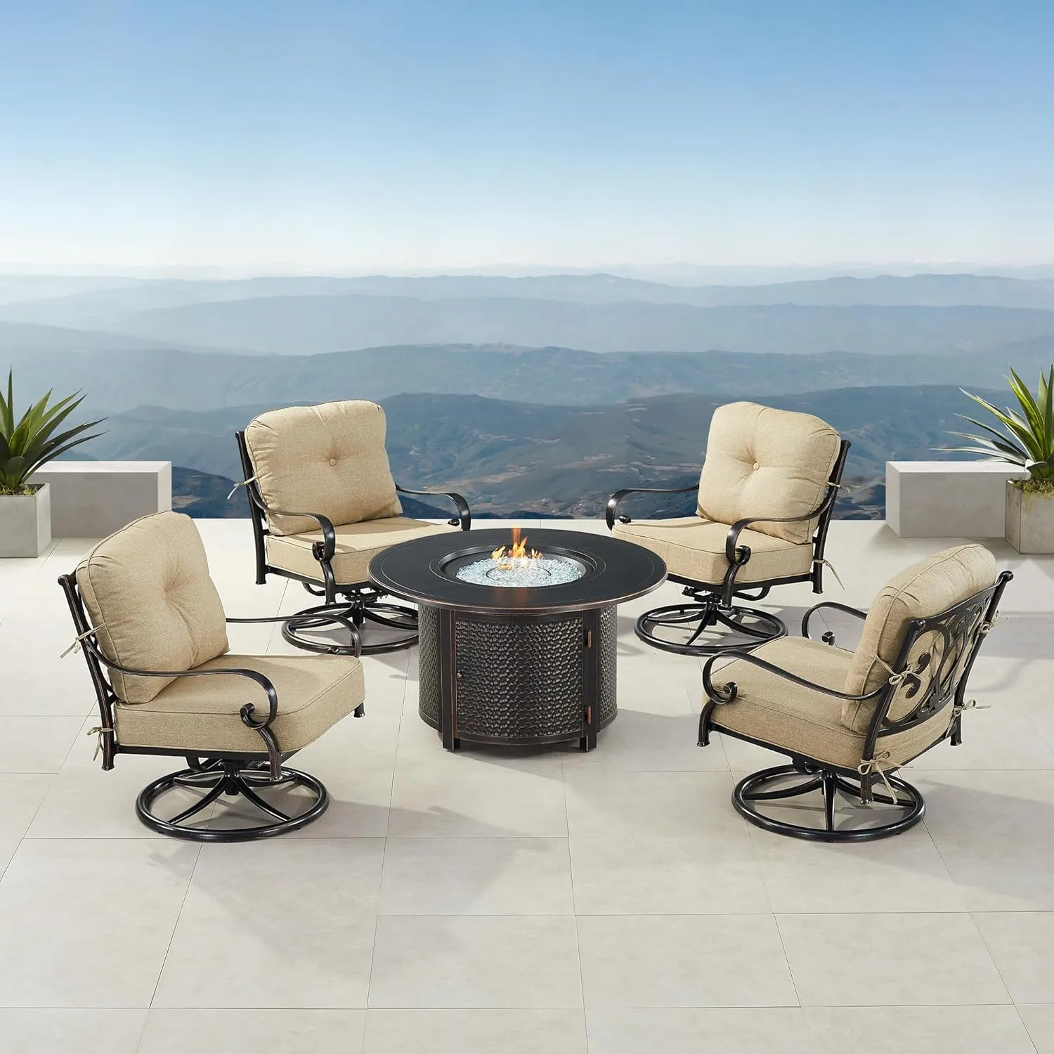 Oakland Living POPPY-4CH-MATERA-TNCU-IB-AC Black Aluminum Patio Fire Table Set with Four Club Chairs, Antique Copper