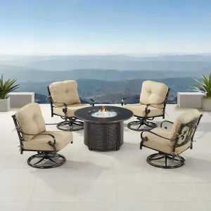 Oakland Living POPPY-4CH-MATERA-TNCU-IB-AC Black Aluminum Patio Fire Table Set with Four Club Chairs, Antique Copper
