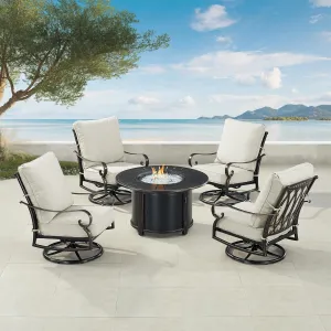 Oakland Living RICA-4CH-NOBU-LGCU-IB-AC Black Aluminum Patio Fire Table Set with Four Club Chairs, Antique Copper