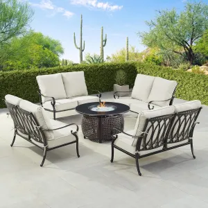Oakland Living RICA-4LS-CLIFF-LGCU-IB-AC Black Aluminum Patio Fire Table Set with Four Deep Seating Loveseat with Cushions, Antique Copper