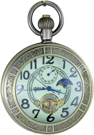 OGLE Waterproof Luminous Magnifier Tourbillon Moon Sun Chain Fob Self Wind Automatic Mechanical Pocket Watch