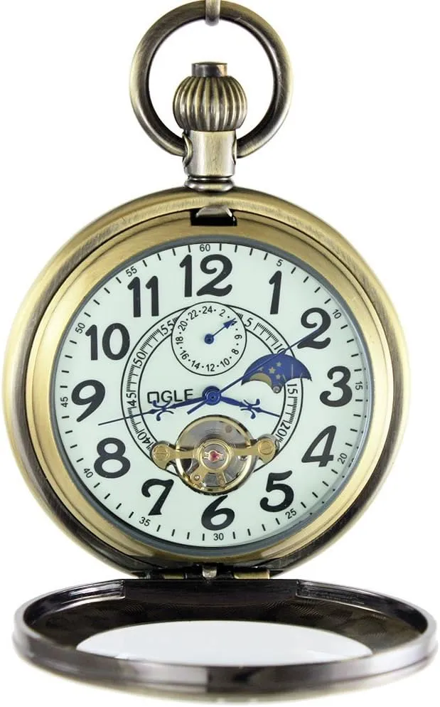 OGLE Waterproof Luminous Magnifier Tourbillon Moon Sun Chain Fob Self Wind Automatic Mechanical Pocket Watch