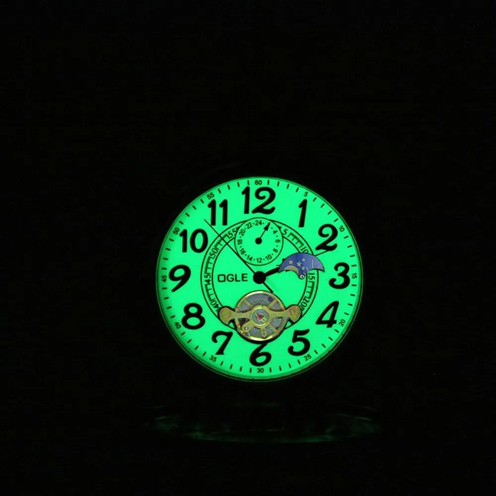OGLE Waterproof Luminous Magnifier Tourbillon Moon Sun Chain Fob Self Wind Automatic Mechanical Pocket Watch