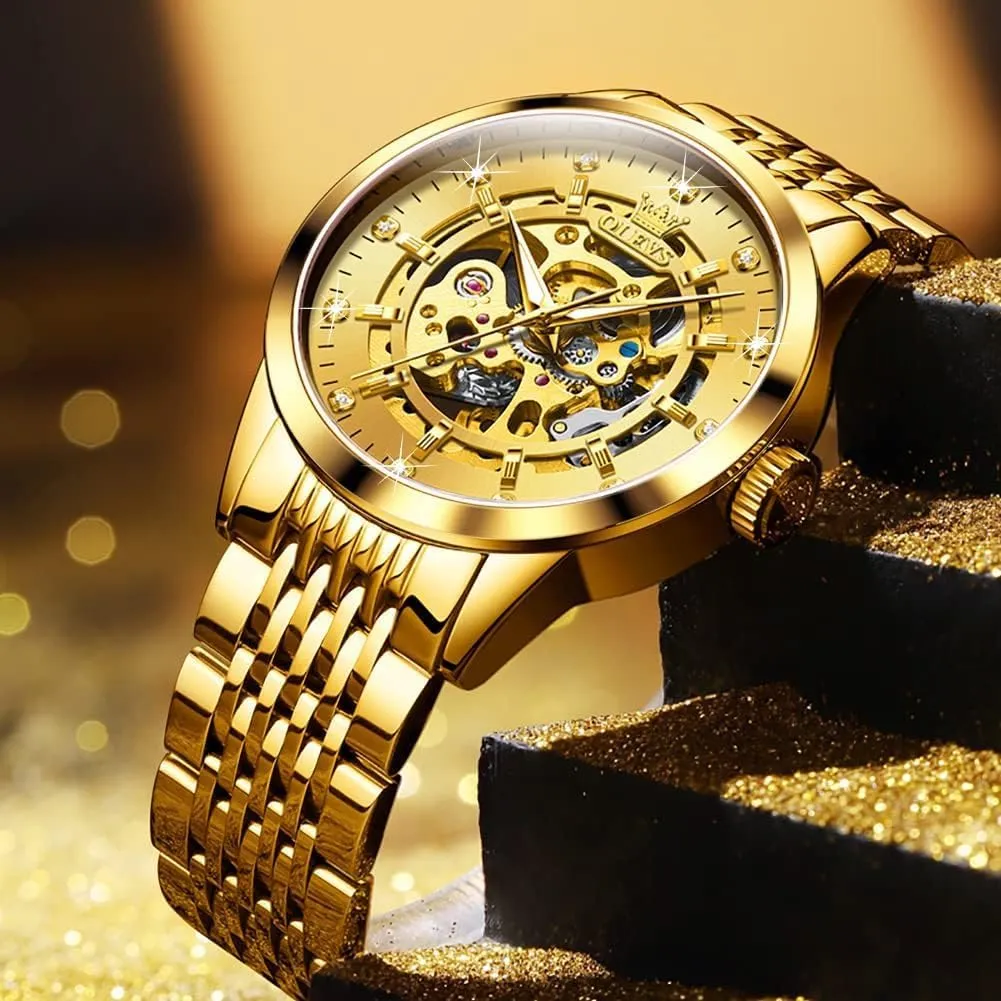 OLEVS Automatic Watch for Men Luxury Diamond Self Winding Multifunctional Men's Calendar Watch Stainless Steel Waterproof Luminous Male Watches