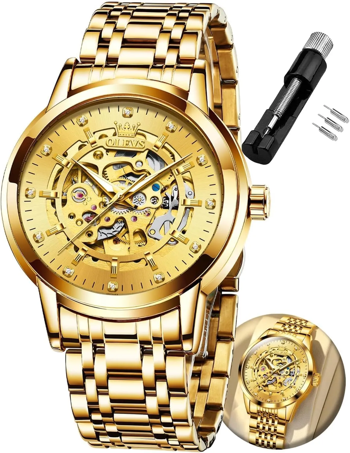OLEVS Automatic Watch for Men Luxury Diamond Self Winding Multifunctional Men's Calendar Watch Stainless Steel Waterproof Luminous Male Watches