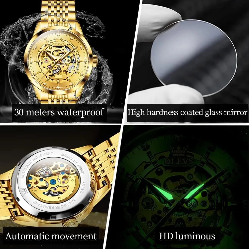 OLEVS Automatic Watch for Men Luxury Diamond Self Winding Multifunctional Men's Calendar Watch Stainless Steel Waterproof Luminous Male Watches