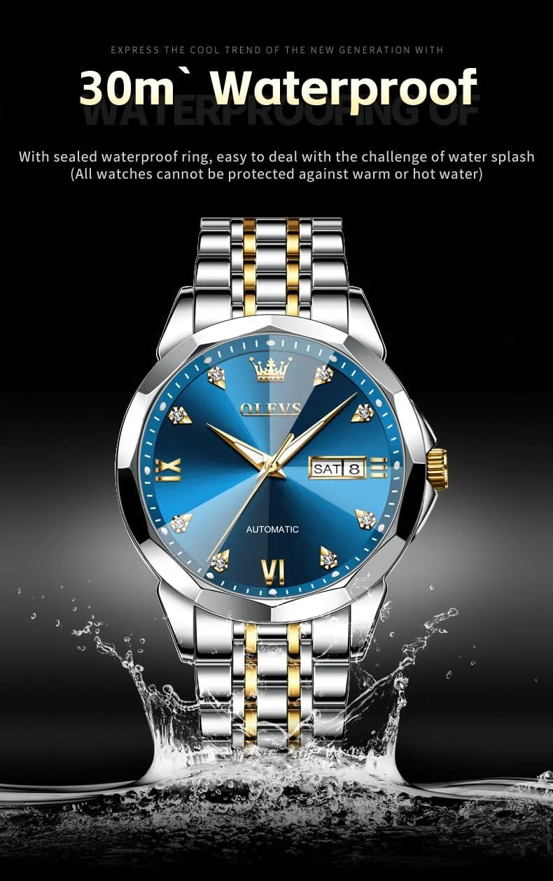 OLEVS Automatic Watches for Men Business Dress Watch Mechanical Stainless Steel Waterproof Self Winding Classic Date Luxury Diamond Men Wrist Watch
