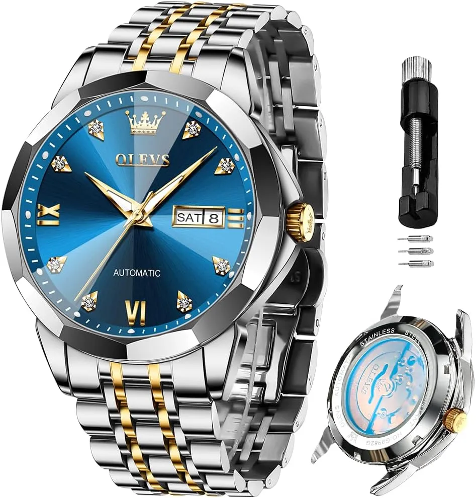 OLEVS Automatic Watches for Men Business Dress Watch Mechanical Stainless Steel Waterproof Self Winding Classic Date Luxury Diamond Men Wrist Watch