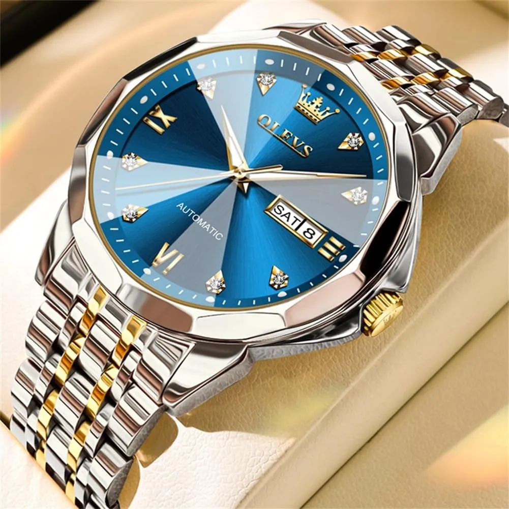 OLEVS Automatic Watches for Men Business Dress Watch Mechanical Stainless Steel Waterproof Self Winding Classic Date Luxury Diamond Men Wrist Watch