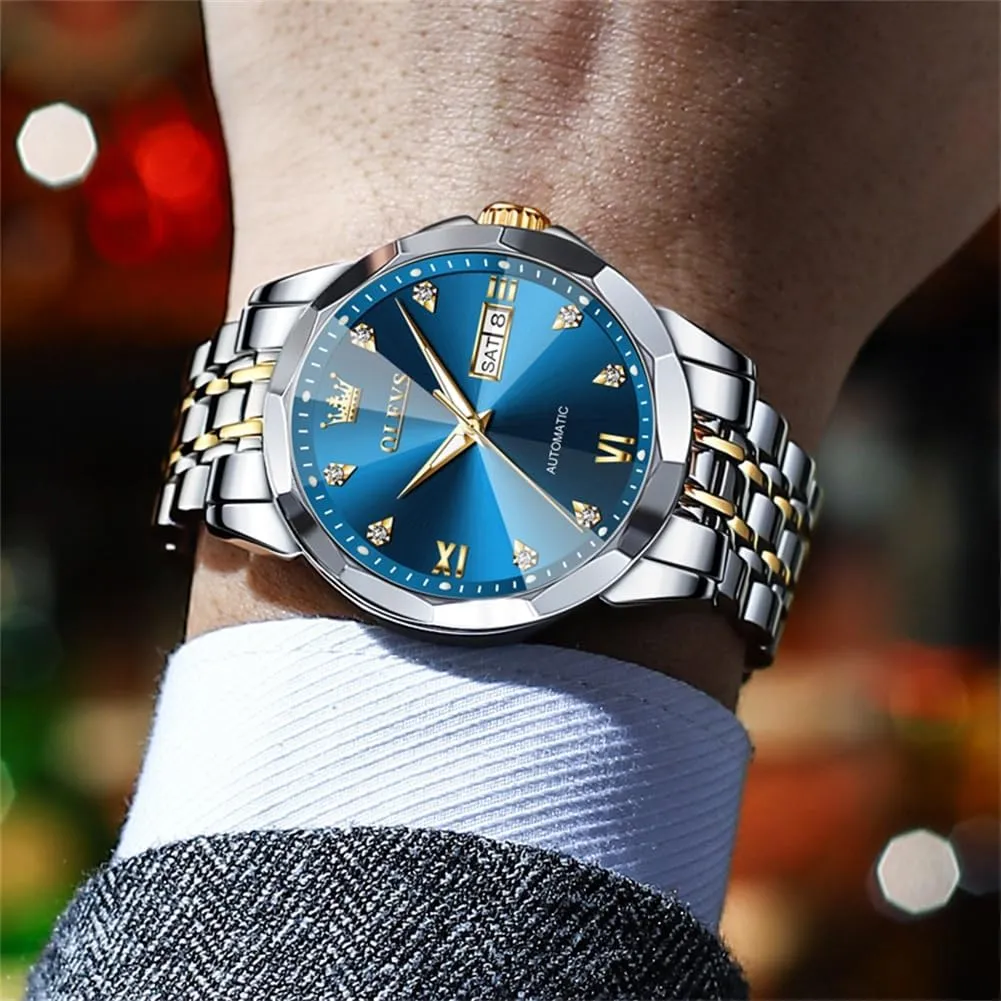 OLEVS Automatic Watches for Men Business Dress Watch Mechanical Stainless Steel Waterproof Self Winding Classic Date Luxury Diamond Men Wrist Watch