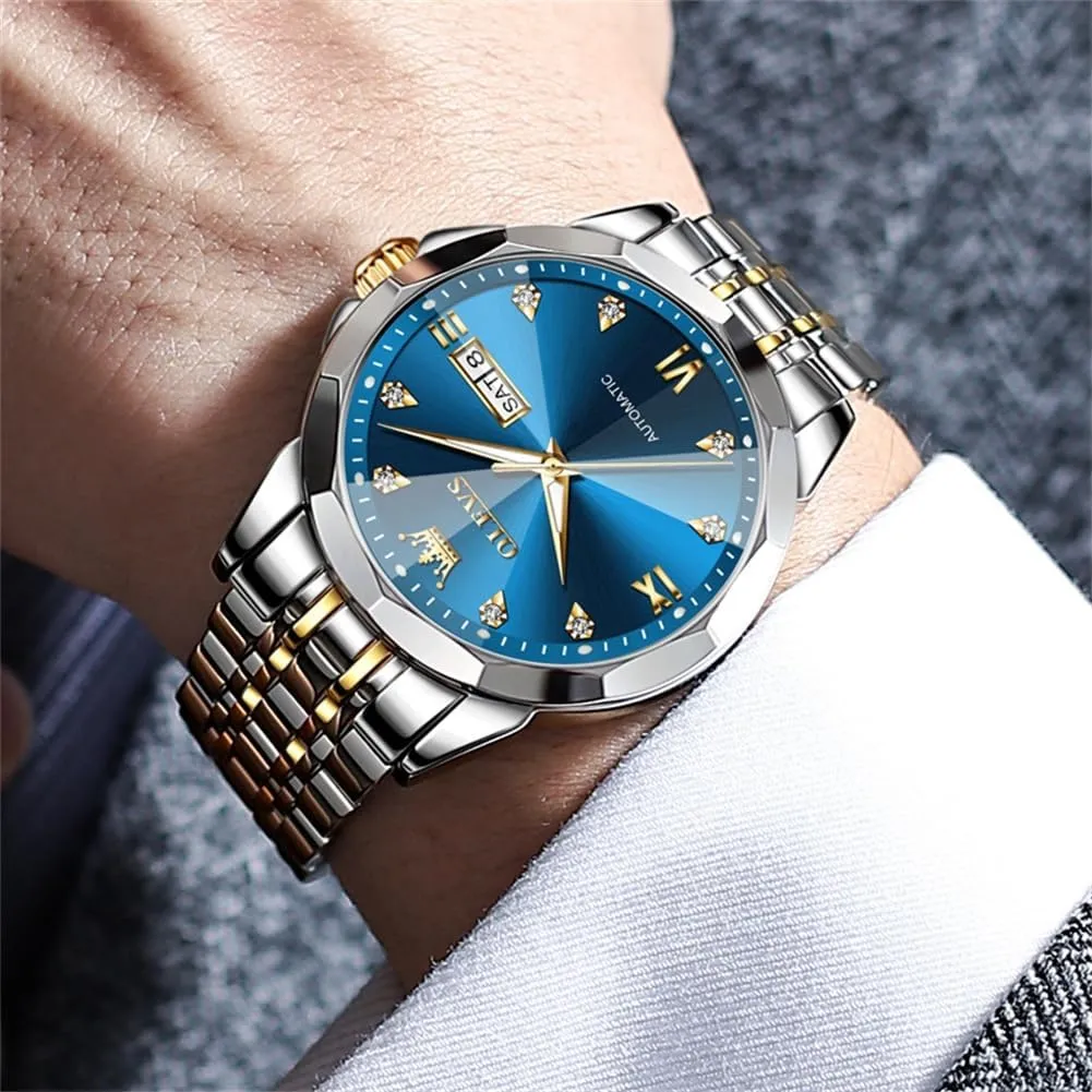 OLEVS Automatic Watches for Men Business Dress Watch Mechanical Stainless Steel Waterproof Self Winding Classic Date Luxury Diamond Men Wrist Watch
