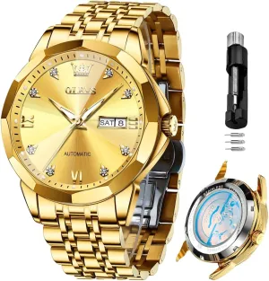 OLEVS Automatic Watches for Men Business Dress Watch Mechanical Stainless Steel Waterproof Self Winding Classic Date Luxury Diamond Men Wrist Watch