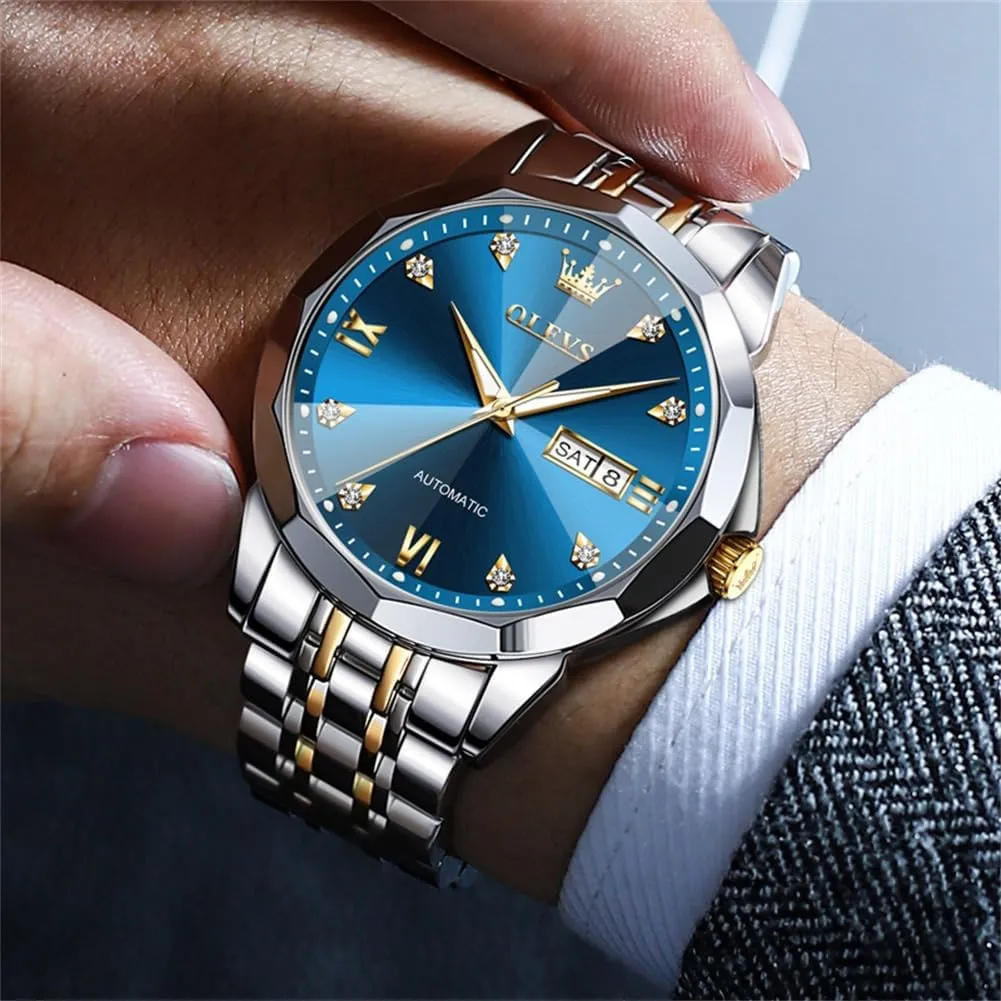 OLEVS Automatic Watches for Men Business Dress Watch Mechanical Stainless Steel Waterproof Self Winding Classic Date Luxury Diamond Men Wrist Watch