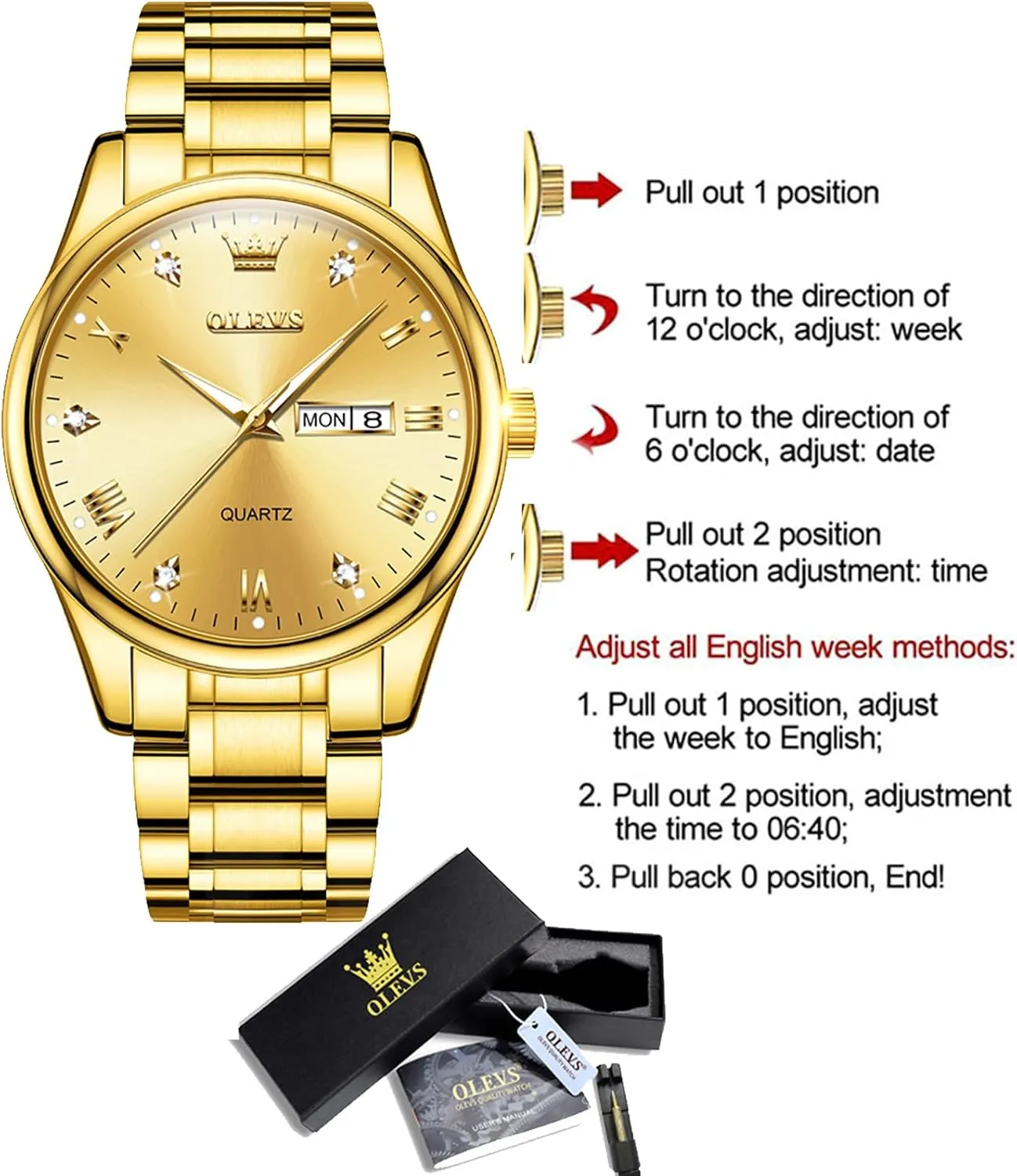 OLEVS Classic Men Watches with Date,Stainless Steel Man Watch with Date, Bussiness Watches for Men,Luminous Quartz Mens Watches Black/White/Blue/Gold, Waterproof Male Watch with Week