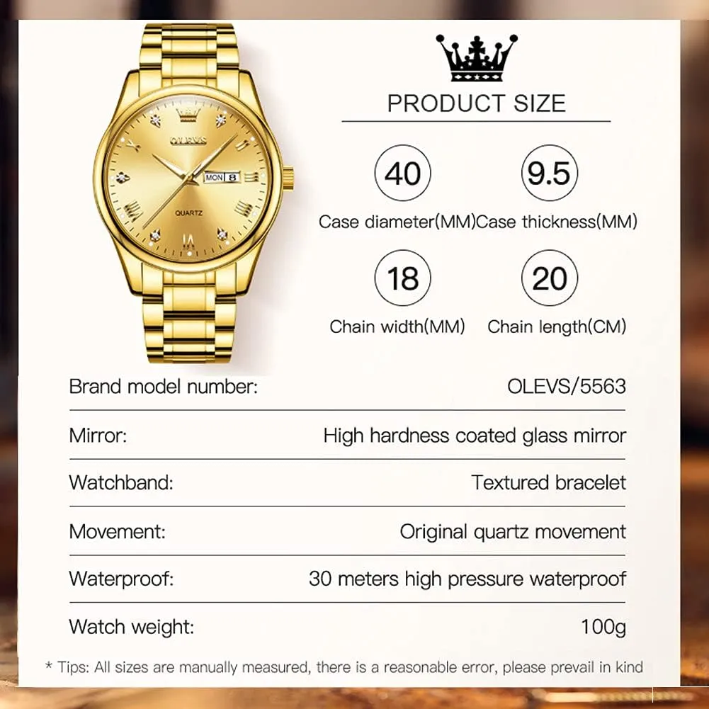 OLEVS Classic Men Watches with Date,Stainless Steel Man Watch with Date, Bussiness Watches for Men,Luminous Quartz Mens Watches Black/White/Blue/Gold, Waterproof Male Watch with Week