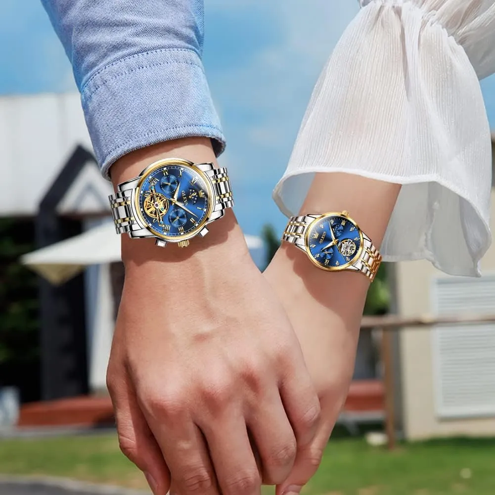 OLEVS Couple Pair Watches Set Automatic Mechanical Self Winding Dress Matching Watch for His and Hers Gifts