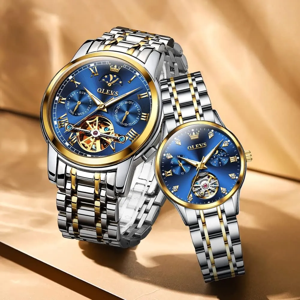 OLEVS Couple Pair Watches Set Automatic Mechanical Self Winding Dress Matching Watch for His and Hers Gifts