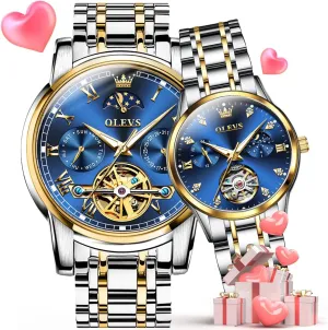 OLEVS Couple Pair Watches Set Automatic Mechanical Self Winding Dress Matching Watch for His and Hers Gifts
