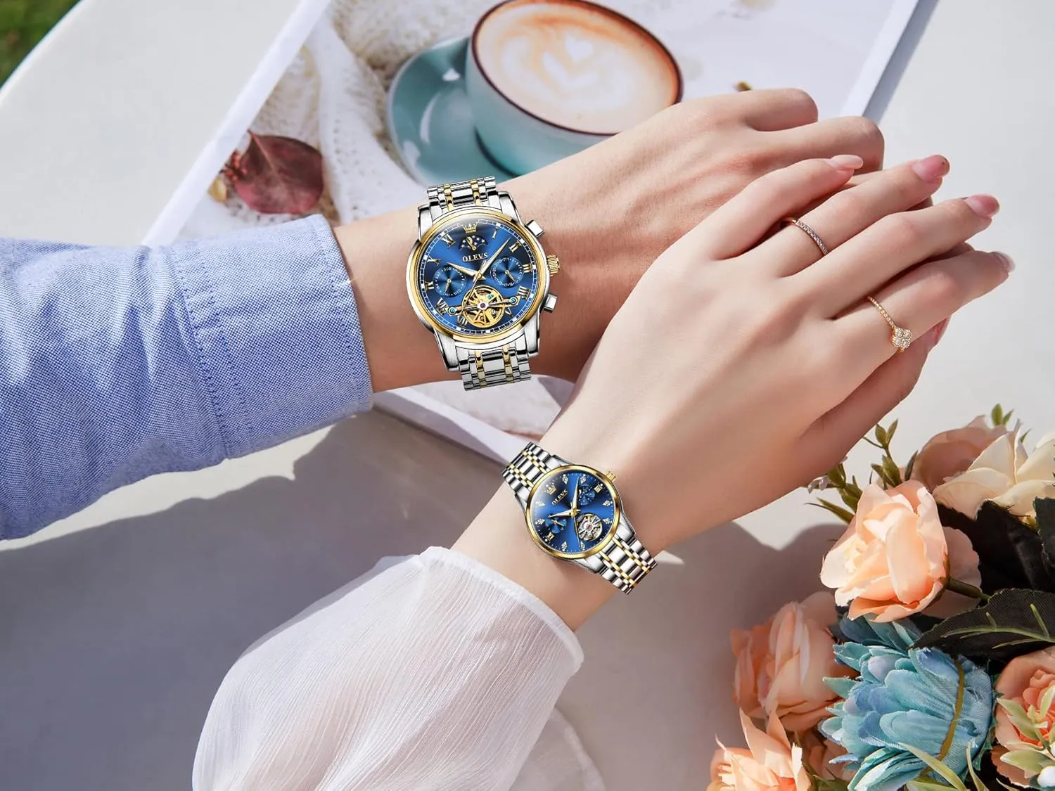 OLEVS Couple Pair Watches Set Automatic Mechanical Self Winding Dress Matching Watch for His and Hers Gifts