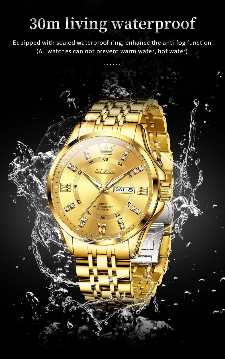 OLEVS Diamond Watches for Men,Business Dress Watch Waterproof Luminous,Male Golden Big Dial Luxury Casual Quartz Analog Watches with Day Date Calendar and Stainless Steel Band