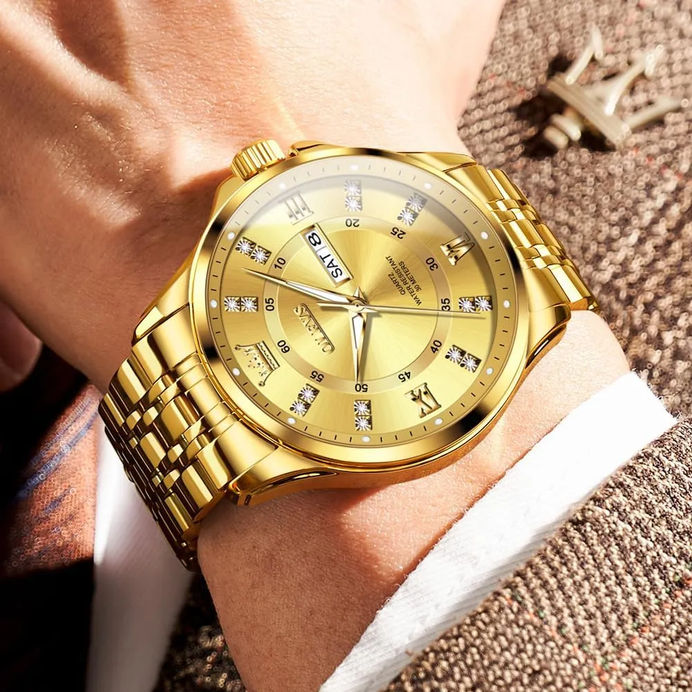 OLEVS Diamond Watches for Men,Business Dress Watch Waterproof Luminous,Male Golden Big Dial Luxury Casual Quartz Analog Watches with Day Date Calendar and Stainless Steel Band