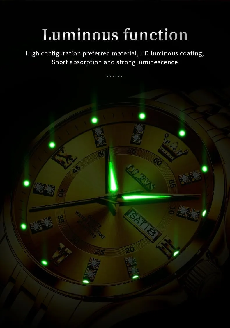 OLEVS Diamond Watches for Men,Business Dress Watch Waterproof Luminous,Male Golden Big Dial Luxury Casual Quartz Analog Watches with Day Date Calendar and Stainless Steel Band