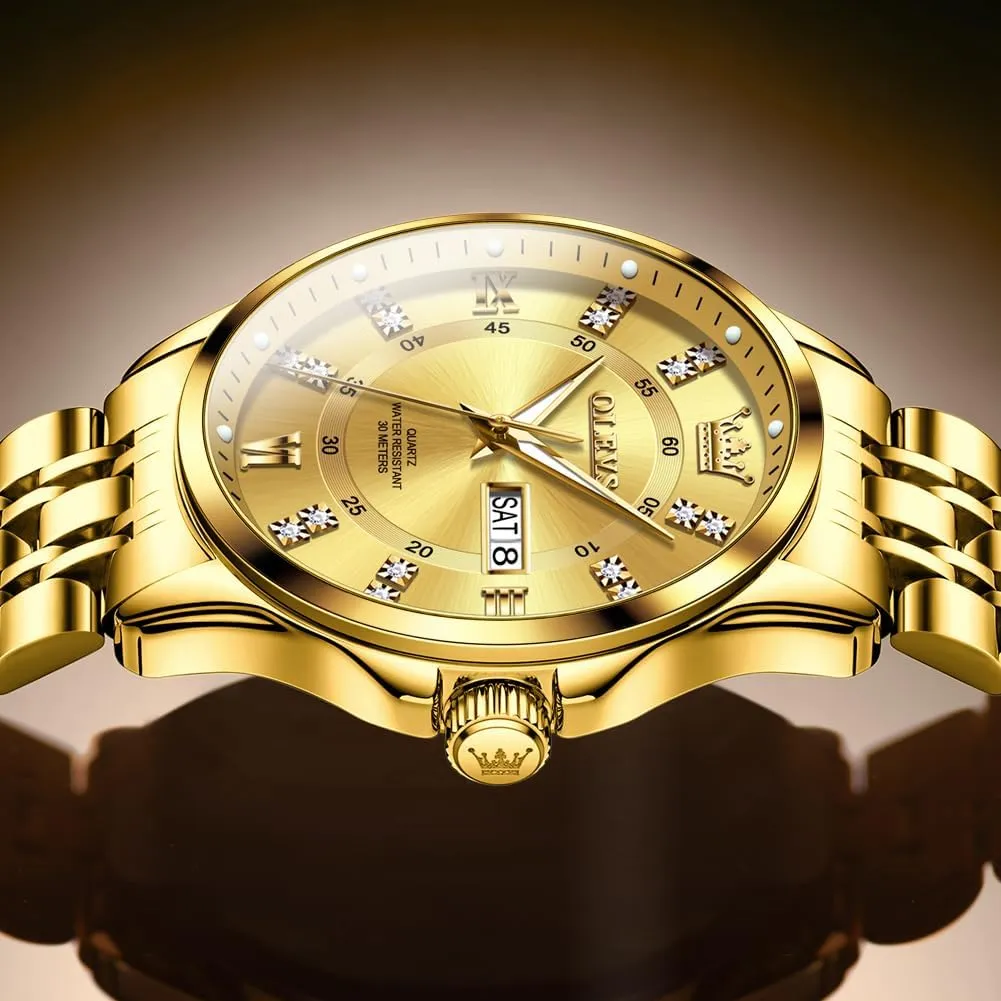 OLEVS Diamond Watches for Men,Business Dress Watch Waterproof Luminous,Male Golden Big Dial Luxury Casual Quartz Analog Watches with Day Date Calendar and Stainless Steel Band