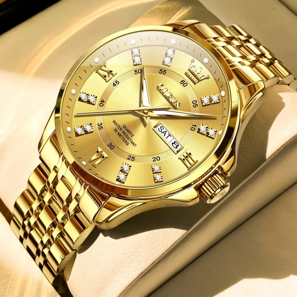 OLEVS Diamond Watches for Men,Business Dress Watch Waterproof Luminous,Male Golden Big Dial Luxury Casual Quartz Analog Watches with Day Date Calendar and Stainless Steel Band