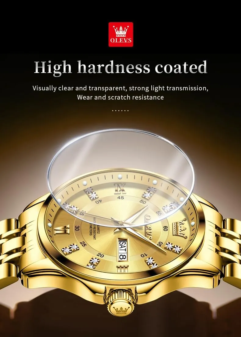 OLEVS Diamond Watches for Men,Business Dress Watch Waterproof Luminous,Male Golden Big Dial Luxury Casual Quartz Analog Watches with Day Date Calendar and Stainless Steel Band