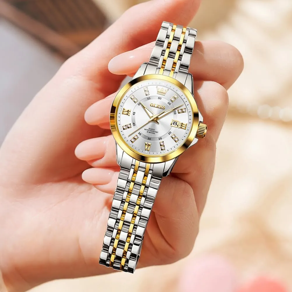 OLEVS Luxury Diamond Small Female Watches - Stainless Steel Bracelet, Waterproof Business Dress Analog Luminous Date Ladies Watches