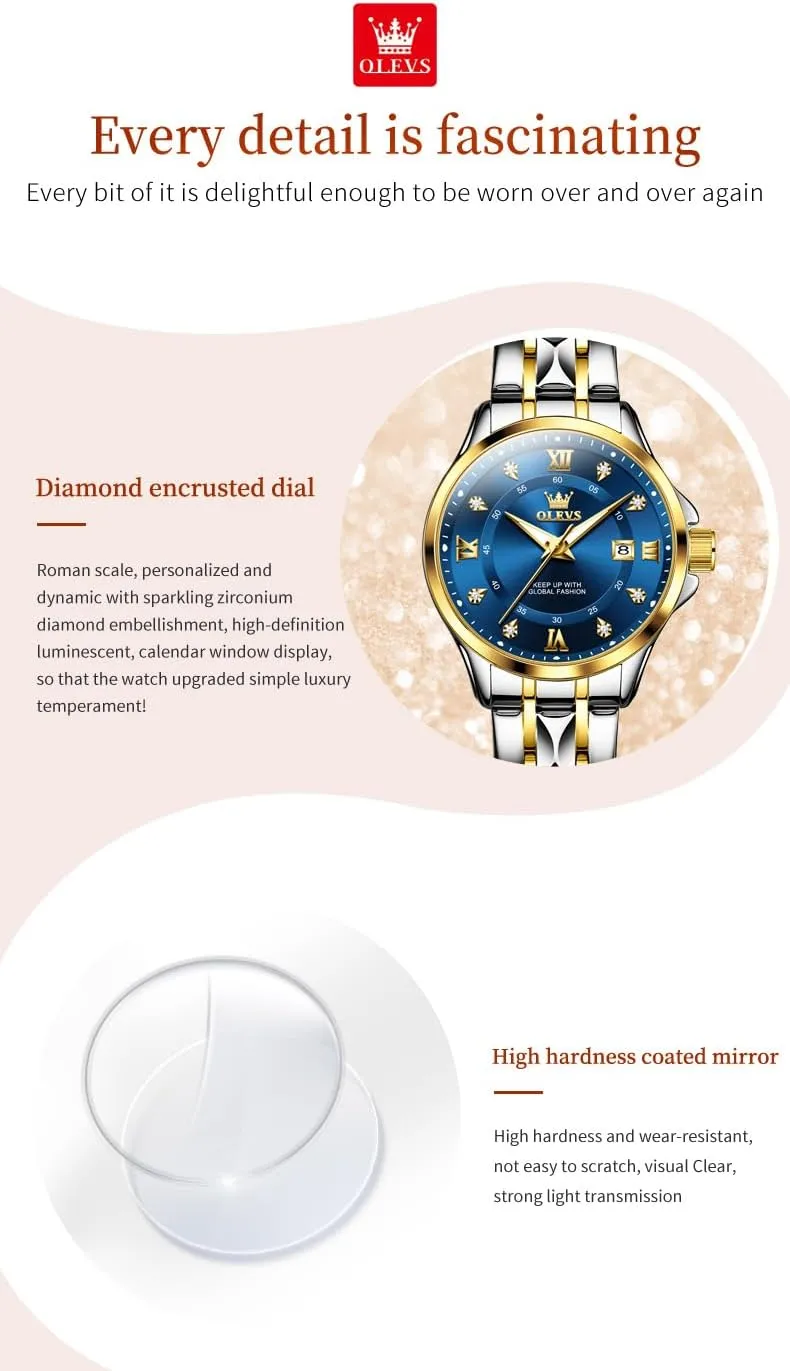OLEVS Luxury Diamond Small Female Watches - Stainless Steel Bracelet, Waterproof Business Dress Analog Luminous Date Ladies Watches