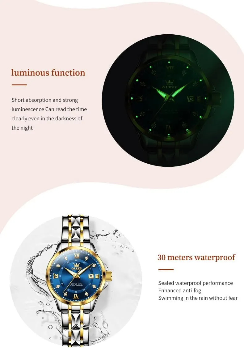 OLEVS Luxury Diamond Small Female Watches - Stainless Steel Bracelet, Waterproof Business Dress Analog Luminous Date Ladies Watches