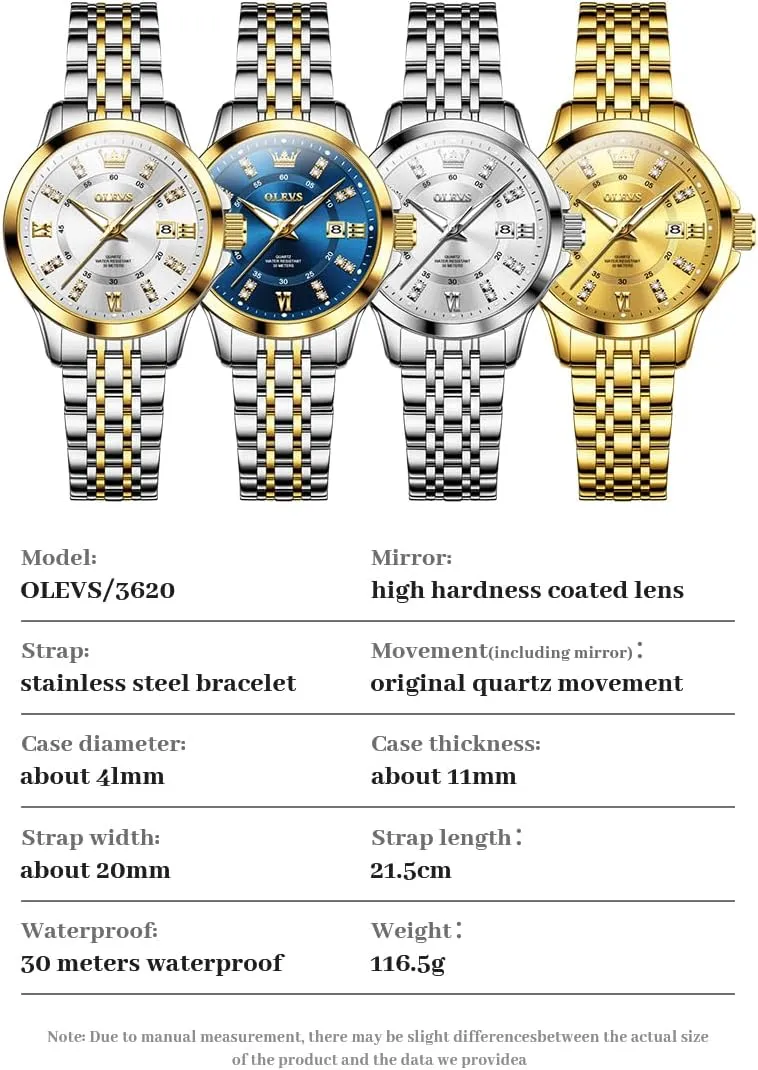 OLEVS Luxury Diamond Small Female Watches - Stainless Steel Bracelet, Waterproof Business Dress Analog Luminous Date Ladies Watches