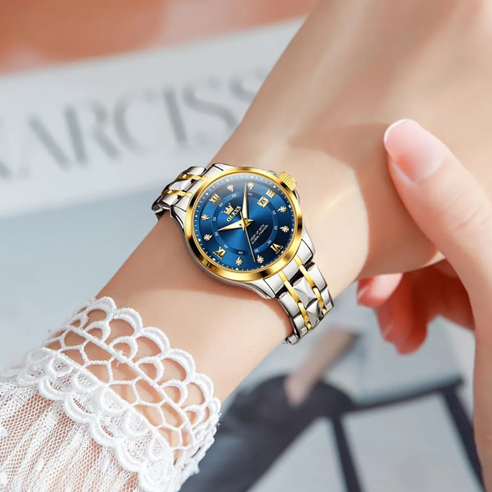 OLEVS Luxury Diamond Small Female Watches - Stainless Steel Bracelet, Waterproof Business Dress Analog Luminous Date Ladies Watches