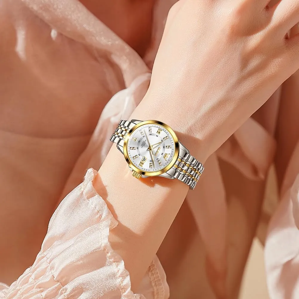 OLEVS Luxury Diamond Small Female Watches - Stainless Steel Bracelet, Waterproof Business Dress Analog Luminous Date Ladies Watches
