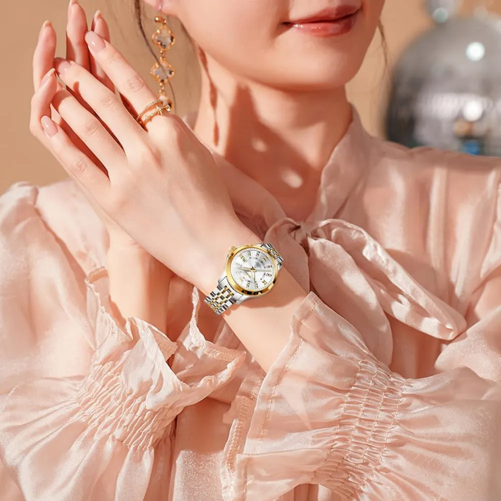 OLEVS Luxury Diamond Small Female Watches - Stainless Steel Bracelet, Waterproof Business Dress Analog Luminous Date Ladies Watches
