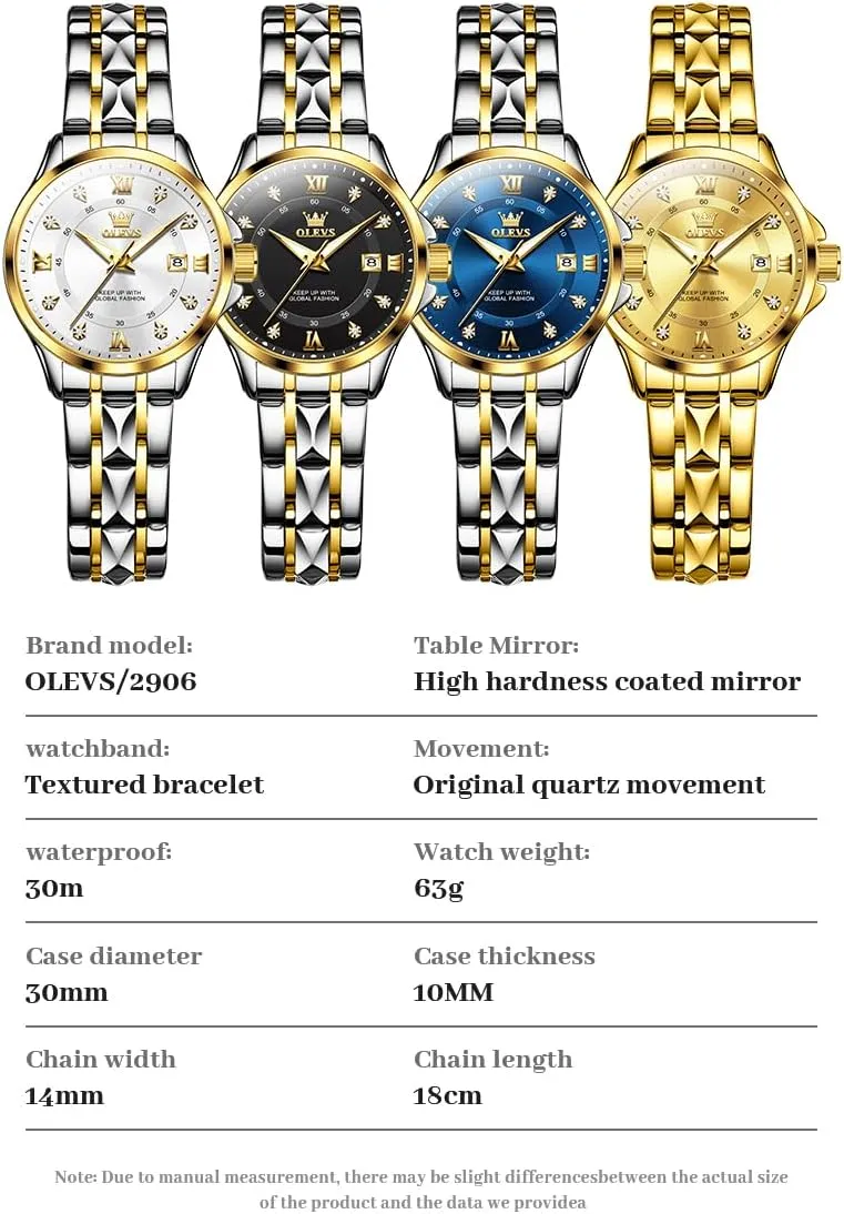 OLEVS Luxury Diamond Small Female Watches - Stainless Steel Bracelet, Waterproof Business Dress Analog Luminous Date Ladies Watches