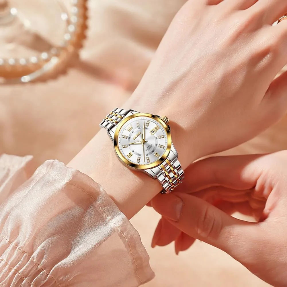 OLEVS Luxury Diamond Small Female Watches - Stainless Steel Bracelet, Waterproof Business Dress Analog Luminous Date Ladies Watches