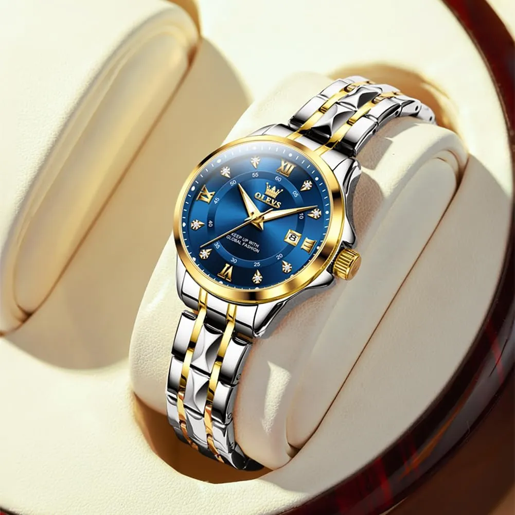 OLEVS Luxury Diamond Small Female Watches - Stainless Steel Bracelet, Waterproof Business Dress Analog Luminous Date Ladies Watches