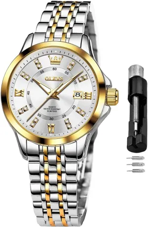OLEVS Luxury Diamond Small Female Watches - Stainless Steel Bracelet, Waterproof Business Dress Analog Luminous Date Ladies Watches
