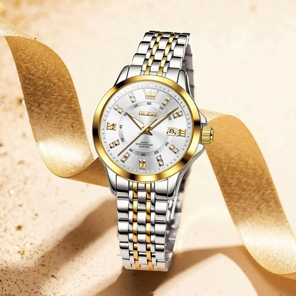 OLEVS Luxury Diamond Small Female Watches - Stainless Steel Bracelet, Waterproof Business Dress Analog Luminous Date Ladies Watches