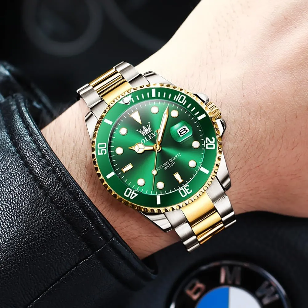 OLEVS Luxury Watches for Men Big Face Stainless Steel Business Dress Analog Quartz Watch with Day Waterproof Luminous Mens Wrist Watch