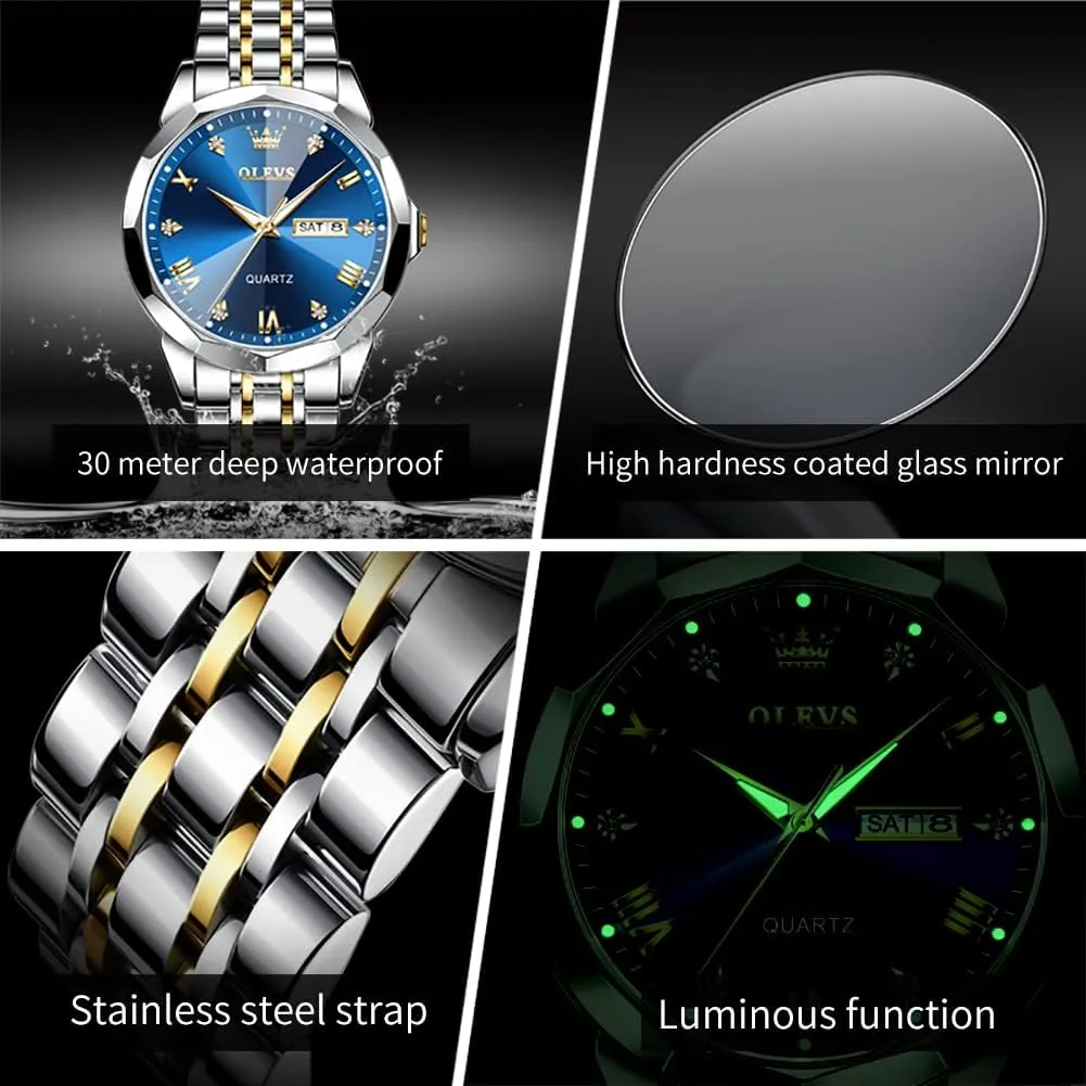 OLEVS Men Watch Business Dress Diamond Luxury Watch Luminous Easy to Read Date Waterproof Stainless Steel Quartz Analog Simple Dress Watch