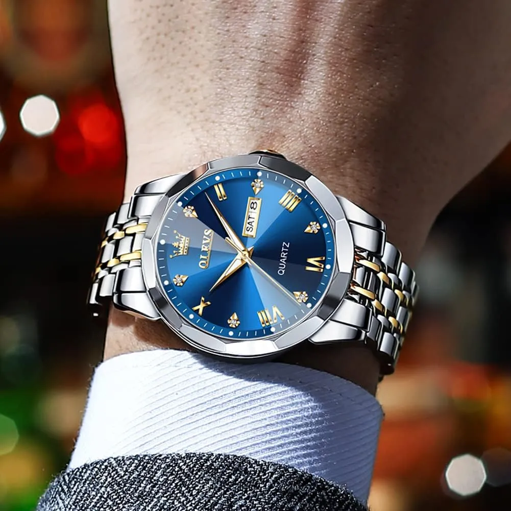 OLEVS Men Watch Business Dress Diamond Luxury Watch Luminous Easy to Read Date Waterproof Stainless Steel Quartz Analog Simple Dress Watch